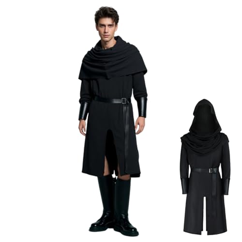 TGUVGRHH Mittelalterliches Tunika-Kostüm für Herren mit Kapuzenschal, Ritterkrieger-Kostüm für Erwachsene, komplettes Set mit Handgelenkschutz & Gürtel, Halloween LARP Kostüme für Party, Karneval von TGUVGRHH