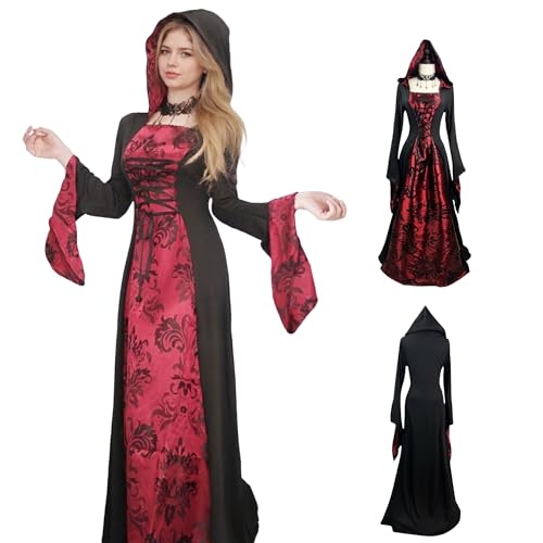TGUVGRHH Mittelgroßes Damenkostüm mit Kapuze, Halloween-Hexenkostüm, Kleid mit Spitzenkette, Vintage-Gothic-Kleider für LARP-Kostüm, Halloween, Karneval, Mottoparty (Rot + Schwarz, XL) von TGUVGRHH