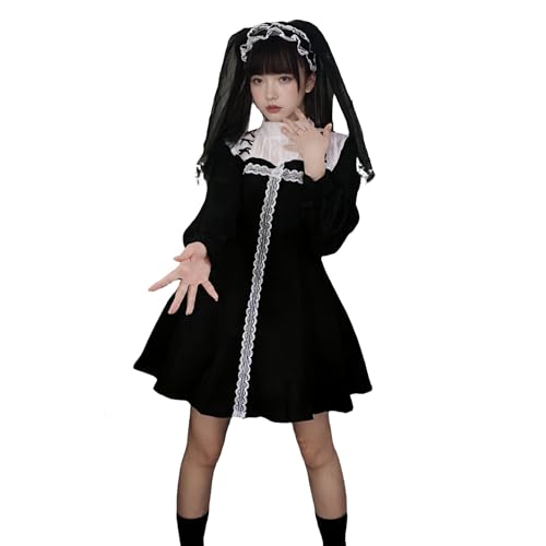 TGUVGRHH Nonnen-Lolita-Kleid für Damen, Gothic-Nonnenkleider, Halloween-Nonnen-Kostüm für Erwachsene, mit Kopfschmuck und Halskette, für Karnevalsparty (Schwarz, M) von TGUVGRHH