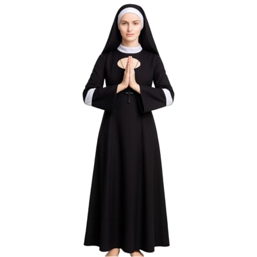 TGUVGRHH Nonnenkostüm für Damen, Kleid mit Halskette, Kirchennonne Verkleidung für Halloween (Schwarz, S) von TGUVGRHH