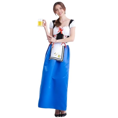 TGUVGRHH Oktoberfest-Kleid für Damen, Outfit mit Schürze, deutsches Oktoberfest-Kostüm, Dirndlkleider, bayerisches Dirndlkleid mit Korsett-Design für Themenbar, Bier-Mädchen (Blau, M) von TGUVGRHH