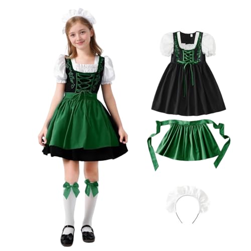 TGUVGRHH Oktoberfest-Kostüm für Mädchen, bayerisches Dirndlkleid, Outfit,Dienstmädchen-Bierfestkleid mit Schürzen und Kopfschmuck für Halloween, Karneval, Party (Grün, 130) von TGUVGRHH