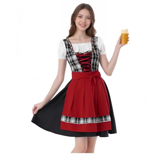 TGUVGRHH Oktoberfest Outfit Damen mit Schürze, Dirndl Bier Bayerisches Kleid Kostüm, Bierfest Verkleidung Erwachsene für Party Halloween (Rot, M) von TGUVGRHH