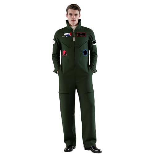 TGUVGRHH Pilotenkostüm, Cosplay, Fluganzug, Kostüm für Herren, Overall der Luftwaffe, Set mit Sonnenbrille und Halskette für Halloween, Karneval, Party (Grün, Größe 3XL) von TGUVGRHH