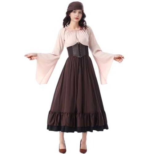 TGUVGRHH Piratenkostüm für Damen, Bauernkleid, Mittelalterkleid, Renaissance-Piratenkleid für Halloween (Braun, Größe S) von TGUVGRHH