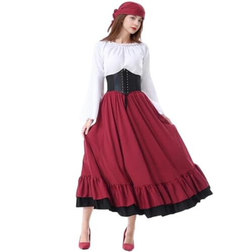 TGUVGRHH Piratenkostüm für Damen, Bauernkleid, Mittelalterkleid, Renaissance-Piratenkleid für Halloween (Rot, Größe M) von TGUVGRHH