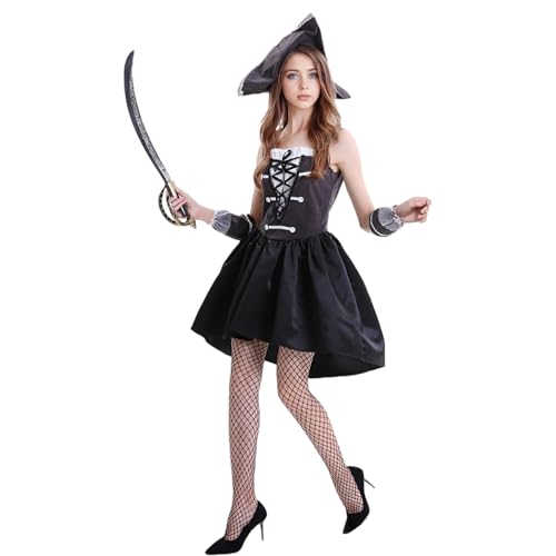 TGUVGRHH Piratenkostüm für Damen, Outfit mit Piratenhut, mittelalterliches Piraten-Korsett-Kleid mit Piraten-Zubehör, Renaissance-Kostüm, Kleid für LARP, Halloween, Karneval (Schwarz, M) von TGUVGRHH