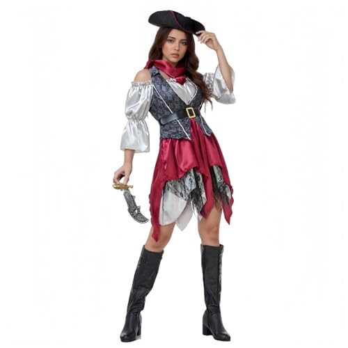TGUVGRHH Piratenkostüm für Damen, einschultrig, 5-teilig, mit Hut und Schal, Halloween-Kostüm, für Erwachsene, für Party, Karneval (Weiß, M) von TGUVGRHH