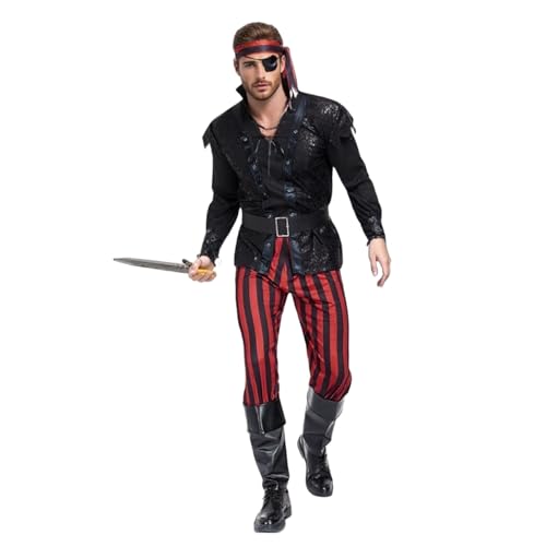 TGUVGRHH Piratenkostüm für Herren, mit Augenmaske, Piraten-Outfit, Kostüm-Zubehör, Schnürshirt mit Kopftuch, Halloween-Kostüme, Verkleidung für Party (Schwarz, L) von TGUVGRHH