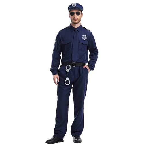 TGUVGRHH Polizistenkostüm für Erwachsene, Cosplay, Cosplay, Halloween, Polizistenkostüm, Outfit mit Hut und Gürtel, für Karnevalsparty (Dunkelblau, XL) von TGUVGRHH