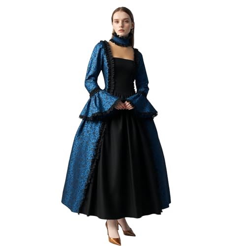 TGUVGRHH Queen Vitorianisches Kleid, Gothic-Spitze, Glockenärmel, Ballkleid, Mittelalter-Mottoparty, Queen-Kleid mit Halsverzierung für Halloween, Karneval, Party (Blau, Größe 2XL) von TGUVGRHH