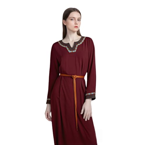 TGUVGRHH Renaissance Bauern-Leinenkleid, Mittelalterliches viktorianisches Kleid mit Gürtel für Halloween und LARP (Rot, L) von TGUVGRHH