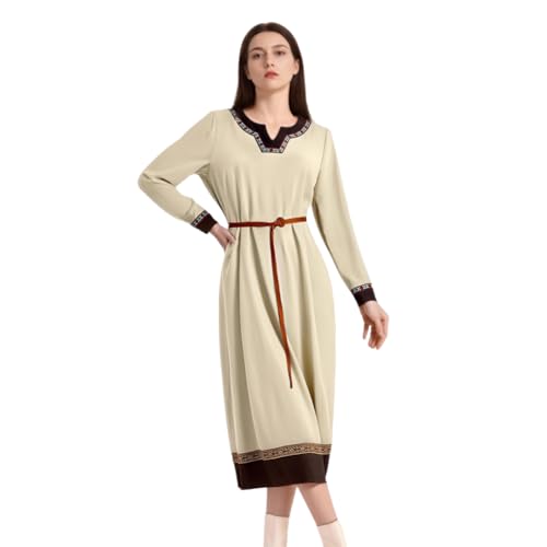TGUVGRHH Renaissance Bauern-Leinenkleid, Mittelalterliches viktorianisches Kleid mit Gürtel für Halloween und LARP (Weiß, XL) von TGUVGRHH