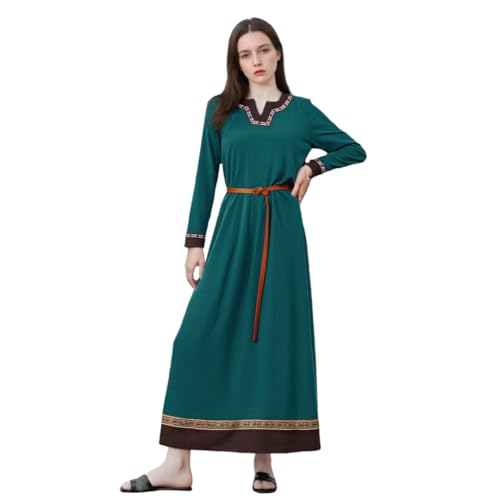 TGUVGRHH Renaissance Bauern-Leinenkleid, mittelalterliches viktorianisches Kleid mit Gürtel für Halloween und LARP (Grün, S) von TGUVGRHH