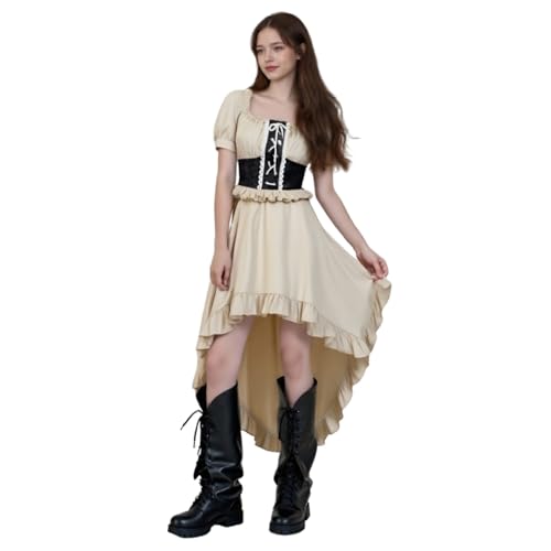 TGUVGRHH Renaissance-Kleid für Damen, mittelalterliches schulterfreies Korsettkleid mit Rüschensaum, viktorianische Damen-Kostüme für Party, Halloween (Beige, M) von TGUVGRHH