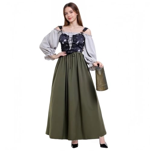 TGUVGRHH Renaissance Kleid mit Korsett-Oberteil, Schulterfreies Mittelalterkleid Damen mit Ballonärmeln, Viktorianisches Kostüm Verkleidung für Halloween-Party (Grün, L) von TGUVGRHH