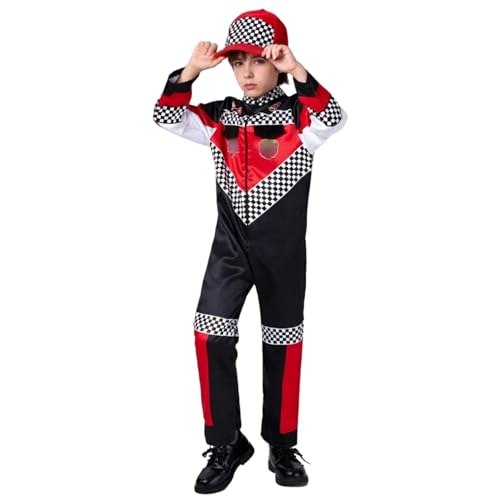 TGUVGRHH Rennwagen Kostüm Jungen, Rennwagen Jumpsuits Kostüm Outfit Komplettes Set mit Hut, Rennwagen Halloween Kostüme Verkleidung für Party (Rot, L) von TGUVGRHH