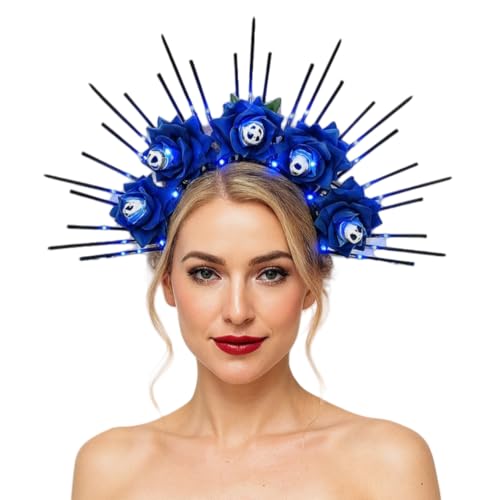 TGUVGRHH Rose Skelett Göttin Heiligenschein Krone Halloween Schädel Blume Stirnband Rose Gothic Kopfschmuck für Halloween (Blau, Einheitsgröße) von TGUVGRHH