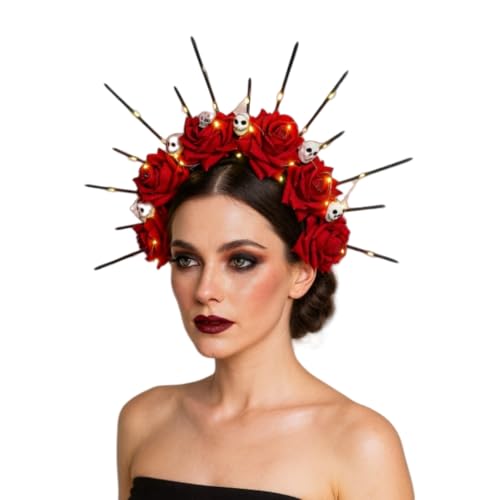 TGUVGRHH Rosenskelett Göttin Heiligenschein Krone Halloween Schädel Blume Stirnband Rose Gothic Kopfschmuck für Halloween (Rot, Einheitsgröße) von TGUVGRHH