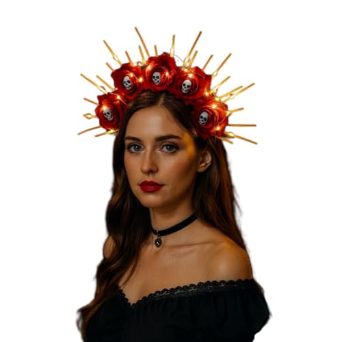TGUVGRHH Rosenskelett Göttin Heiligenschein Krone Halloween Schädel Blume Stirnband Rose Gothic Kopfschmuck für Halloween (Rot 2, Einheitsgröße) von TGUVGRHH