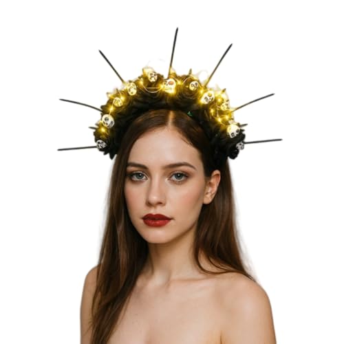 TGUVGRHH Rosenskelett Göttin Heiligenschein Krone Halloween Schädel Blume Stirnband Rose Gothic Kopfschmuck für Halloween (Schwarz, Einheitsgröße) von TGUVGRHH