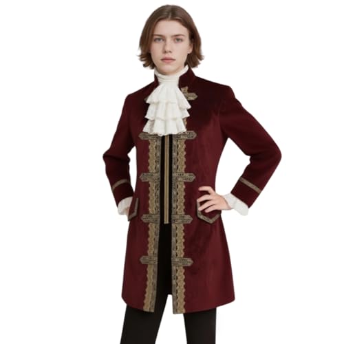 TGUVGRHH Samt Mittelalter Gerichtsuniform, Renaissance Steampunk Jacke, Gothic Vintage Mantel für Halloween und LARP (Rot, S) von TGUVGRHH