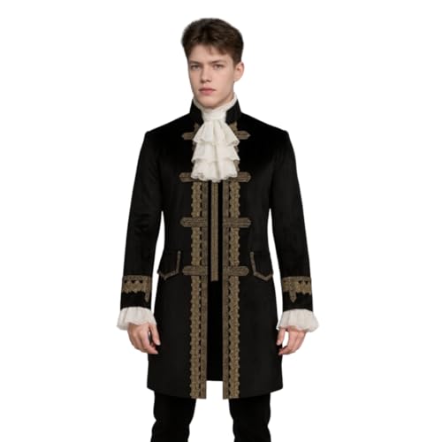 TGUVGRHH Samt Mittelalter Gerichtsuniform, Renaissance Steampunk Jacke, Gothic Vintage Mantel für Halloween und LARP (Schwarz, S) von TGUVGRHH