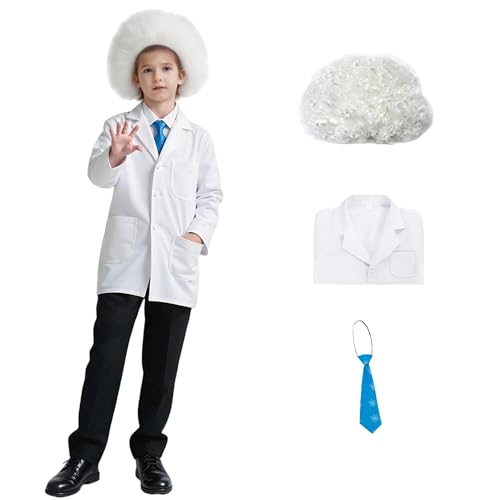 TGUVGRHH Verrücktes Wissenschaftler-Kostüm für Kinder, verrücktes Wissenschaftler-Outfit, Laborkittel mit Wissenschaftler-Perücke, Jungen-Kostüm für Halloween, Karneval, Kostümball (Weiß von TGUVGRHH