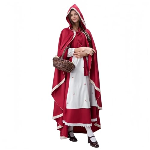 TGUVGRHH Viktorianisches Dienstmädchenkleid mit rotem Kapuzenumhang, mittelalterliches Langärmeliges Kleid 4-teilig mit Kirschschürze, Halloween-Kostüme für Damen, Verkleidung für Erwachsene für Party von TGUVGRHH