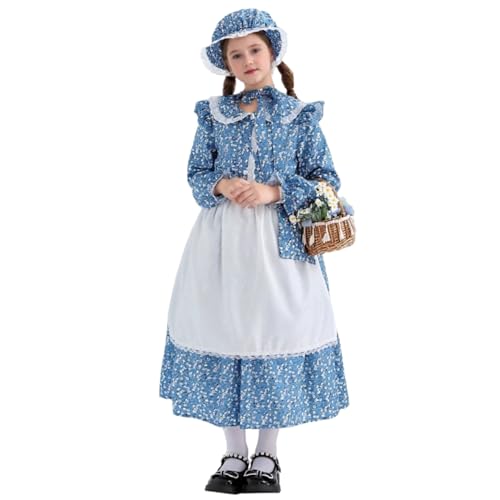 TGUVGRHH Viktorianisches Kostüm Kleid Mädchen, Mittelalter Blumen Dienstmädchenkleid Kostüm Outfit mit Hut & Tasche, Halloween Kostüme Verkleidung für Party Karneval (Blau, 150) von TGUVGRHH