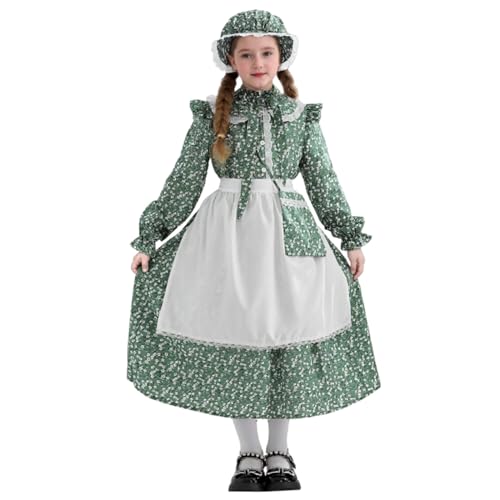 TGUVGRHH Viktorianisches Kostüm Kleid Mädchen, Mittelalter Blumen Dienstmädchenkleid Kostüm Outfit mit Hut & Tasche, Halloween Kostüme Verkleidung für Party Karneval (Grün, 150) von TGUVGRHH