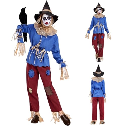 TGUVGRHH Vogelscheuche für Damen, Halloween-Kostüm mit Vogelscheuchen-Hut, Halloween-Kostüm, Stroh-Set mit aufgesetzter Tasche, Vogelscheuchen-Zubehör für Make-up, Ball, Karneval (mehrfarbig, L) von TGUVGRHH