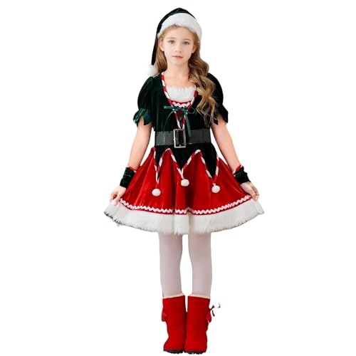 TGUVGRHH Weihnachtselfen-Kostüm, Weihnachtsmann-Helfer-Outfit, Weihnachts-Kostüm-Set mit Hut und Ärmelüberzug für Halloween, Karneval, Party (Grün + Rot, 9–10T) von TGUVGRHH