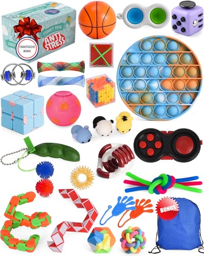 Fidget Toys Set – Anti Stress Spielzeug für Erwachsene und Kinder – French Way Skills Set zur Stressbewältigung und Konzentrationssteigerung – Enthält Pop It Stressball Fidget Cube und Akupressur Ring von THE FRENCH WAY