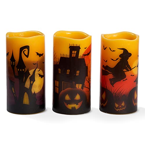 THE TWIDDLERS 3 Halloween Echtwachs Flammenlose Kerzen, Batteriebetriebene LED Stumpenkerzen (15cm) - Tischdeko für Halloween von THE TWIDDLERS