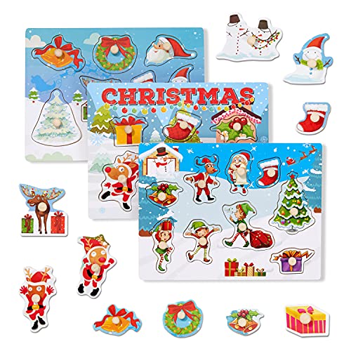 THE TWIDDLERS - 3 Hölzerne Weihnachten Peg Puzzles für Kinder in Niedlichen Santa Rentier Elf Xmas Baum Festliche Designs Kinder Party Geschenk Spielzeug - 30cm x 22cm von THE TWIDDLERS