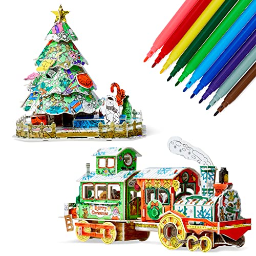 THE TWIDDLERS Weihnachtsbaum & Zug 3D Puzzle Geschenkset zum Ausmalen mit 10 Markerstiften - Selbermachen Basteln, Kreative Aktivität für Kinder & Erwachsene von THE TWIDDLERS