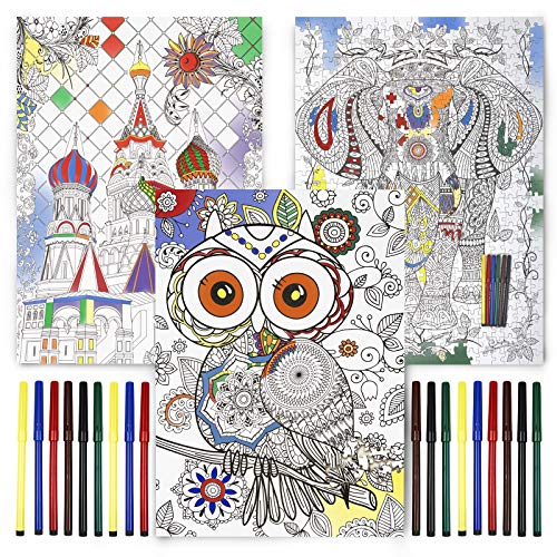 THE TWIDDLERS 3X 500-teiliges Puzzle zum Ausmalen mit 6 Farbstifte, 70x50cm - Anti-Stress Aktivität, Geschenk, Basteln für Ältere Kinder & Erwachsene von THE TWIDDLERS