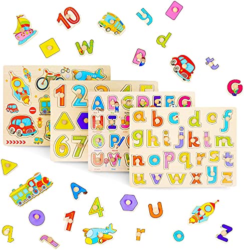 THE TWIDDLERS 4 Holzpuzzle Steckpuzzle Greifpuzzle für Babys & Kleinkinder - Montessori Lernspielzeug für 1 2 3 4 Jahre (Buchstaben, Zahlen & Fahrzeuge) von THE TWIDDLERS