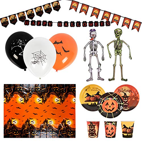 THE TWIDDLERS 80-Teiliges Halloween Partygeschirr & Deko Set für 12 Gäste - Pappteller, Becher, Tischdecken, Luftballons, Banner, Skelette von THE TWIDDLERS