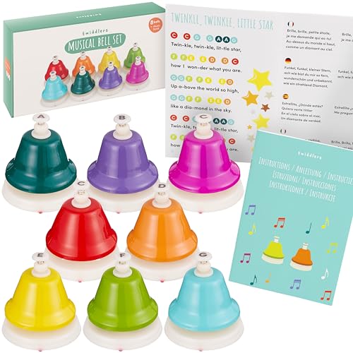 THE TWIDDLERS Buntes 8-Noten Handglockenset mit Notenheft & Geschenkbox - Regenbogenfarben Handglocke Musik, Musikalische Früherziehung für Babys & Kinder von THE TWIDDLERS