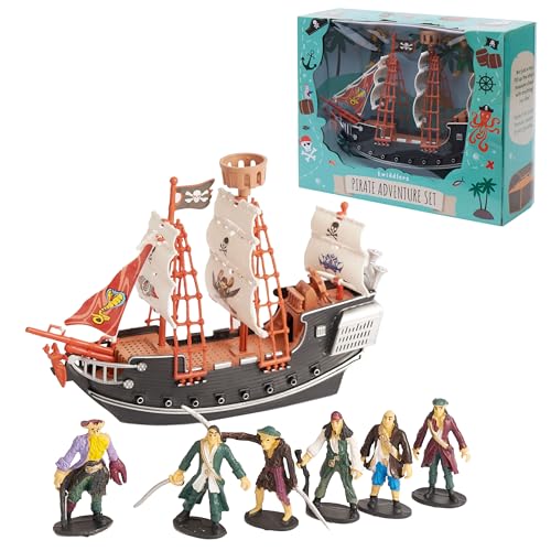 THE TWIDDLERS Piratenschiff (7cm Höhe, 27cm Länge) Spielzeug mit 6 Piratenfiguren (5cm Höhe) für Kinder - Weihnachts- und Geburtstagsgeschenk für Jungen & Mädchen von THE TWIDDLERS