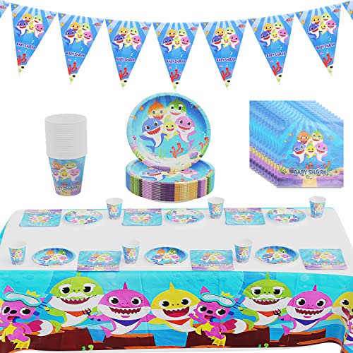 Geburtstag Deko 62 pcs,Party Supplies, Geschirr,Tischdecke, Teller, Becher, Servietten, Wimpel, Hai Dekoration, Kindergeburtstag Partyzubehör (Blau) von THEXIU