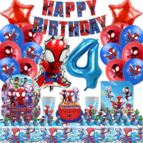 THEXIU Geburtstagsdeko 4 Jahre,Partygeschirr,Deko Kinder,Luftballons Geburtstag,Folienballon,Teller,Tasse,Tischdecke,Servietten,Tortendeko,für Party Deko(4 Jahre) von THEXIU