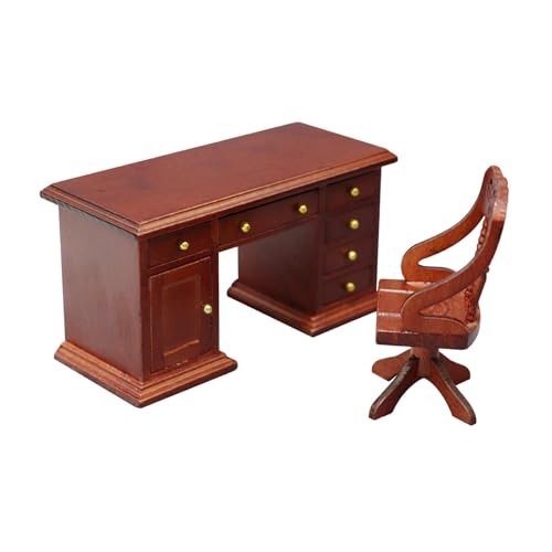 THINCAN 1/12 Antikes Holzstudienschalter & Stuhl Set Miniaturbibliothek Display Für Doll House Collectors Holzpuppenhouses Büro Set von THINCAN