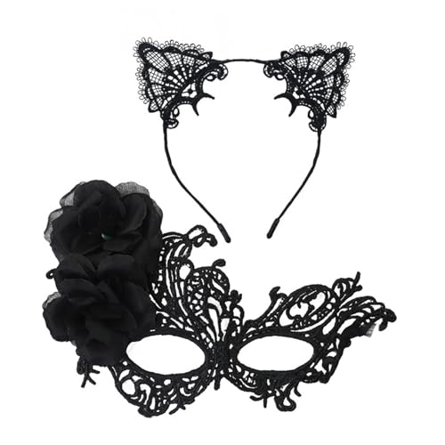 THINCAN Elegante Spitzen Halb Gesichts Maske Mit Abnehmbaren Katzen Ohrstirnbandhaar Dekoren Für Halloween Cosplay Kostümpartys Langlebige Anime Cosplay Accessoires von THINCAN