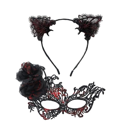 THINCAN Elegante Spitzen Halb Gesichts Maske Mit Abnehmbaren Katzen Ohrstirnbandhaar Dekoren Für Halloween Cosplay Kostümpartys Langlebige Anime Cosplay Accessoires von THINCAN