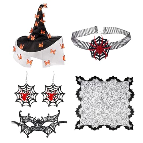 THINCAN Frauen Witch Kostüm Hexenhut Augenmaske Choker Halskette Ohrringe Für Frauen Maskerade Halloween Witch Cosplay Accessoires von THINCAN