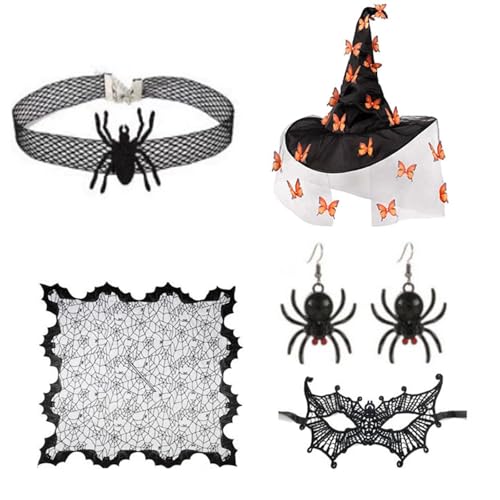 THINCAN Frauen Witch Kostüm Hexenhut Augenmaske Choker Halskette Ohrringe Für Frauen Maskerade Halloween Witch Cosplay Accessoires von THINCAN