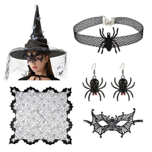 THINCAN Frauen Witch Kostüm Hexenhut Augenmaske Choker Halskette Ohrringe Für Frauen Maskerade Halloween Witch Cosplay Accessoires von THINCAN